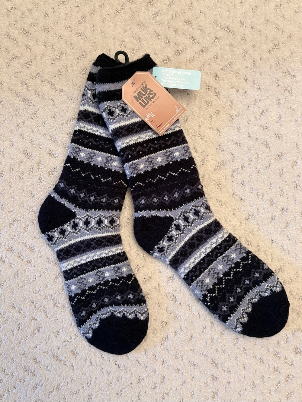 Muk Luks Fleece Cabin Socks NEW Fits Shoe Size 6 to 11 Navy Blue White Fair Isle